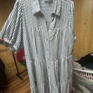 Jane and Delancey Blue and White Striped Button-Front Tiered Dress